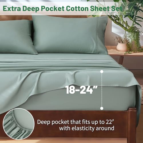 Image of Extra Deep Pocket King Sheets 18-24 Inch 100% Egyptian Cotton 1000 Thread Count Sateen Weave Soft Breathable 4 Pieces(King,Sage Green)