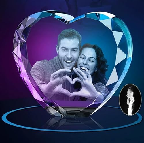 Moneover Customized Photo Frame Personalized Heart Shaped Crystal Custom Laser Engraving 3D Engraving Figures Pets Image Home Decoration 3.14x2.75x1.57 IN