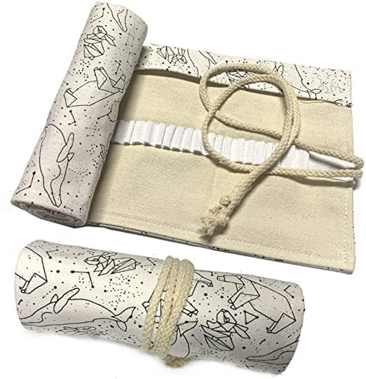Image of Canvas Pencil Wrap Case, 48 Holes Colored Pencil Roll Holder Storage Pouch for Office (48 Holes, White)