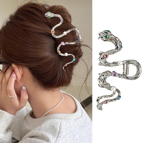 1PCS Snake Shape Metal Hair Claw Clips - Colorful Crystal & Pearl Decorated Nonslip Hair Catch for Women Fashion Curved Snake Hair Jaw Clips for Thick/Thin Hair Styling Accessories