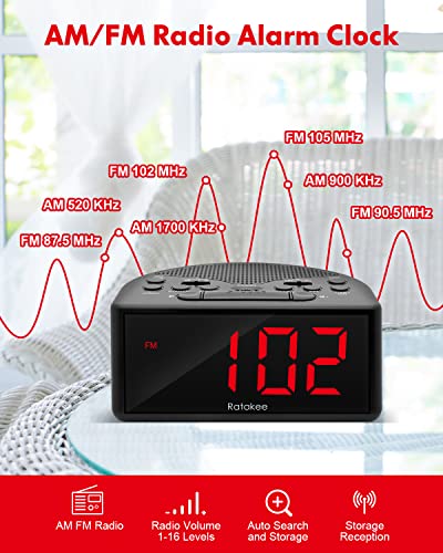 Ratakee Digital Alarm Clock Radio, AM/FM Radio with Preset and Sleep Timer- 1.4” LED Digits with Dimmer, Battery/Outlet Powered for Bedroom