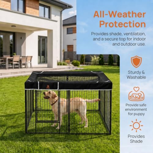 Image of PJYuCien Square Playpen Top Cover for 24'' Width 8 Panel Pen, Black | More Peace of Mind, More Safe, and Reduce Mess, Suitable for Puppy, Duck, and Other Small Animals, Adhesive Tape Connect
