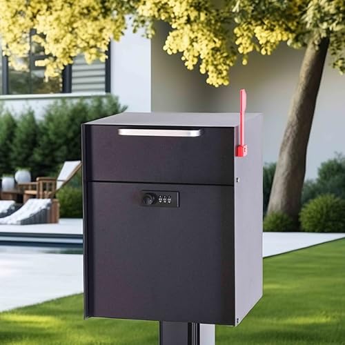 Image of Post Mount Locking Mailbox with Code Lock | Large Capacity, Security Password Metal Lock, Waterproof, Vertical Drop, Outdoor