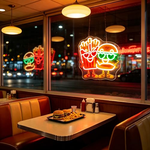 Image of Neon Sign, Hamburger French Fries Neon Signs for Wall Decor - LED Signs for Business, Restaurant, Kitchen, Party - USB Powered Light Up Sign Decorations
