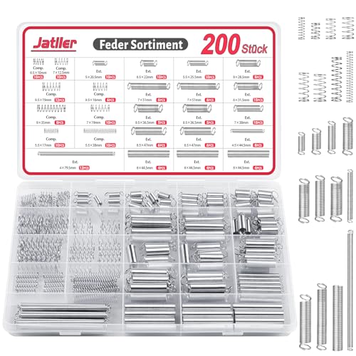 JatilEr 200 Stück Feder Zugfedern Sortiment, 20 Größen Federn Metall Spannfeder Spiralfedern Edelstahl Druckfedern Sortiment mit Box Sprungfeder Set Kit für Werkzeuge, Geräte, Handwerkzeuge, Auto