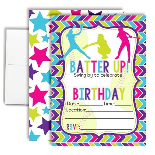 Amanda Creation Batter Up Softball Themed Birthday Party Invitations, 20 5"x7" Fill-In Cards with Twenty White Envelopes