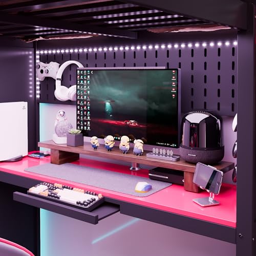 Image of Harper & Bright Designs Wood Loft Bed with Gaming Desk,Wardrobe and Bookshelves,Full Loft Bed Frame with Charging Station,RGB Light,Curtains and Pegboard,Black Red
