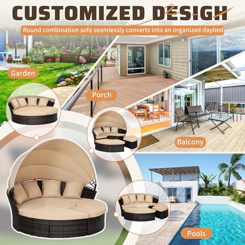 Crownland Outdoor Canopy Bed Round Daybed with Washable Cushions, Patio Daybed with Clamshell Sectional Seating Wicker Furniture with Retractable Canopy，Brown - Thumbnail 6