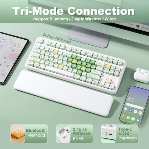 Image of YUNZII B87 Wireless Mechanical Keyboard,QMK /VIA Programmable,TKL Layout 87 Keys,BT /2.4G /USB-C,Hot Swap Gasket Mount RGB Backlit Gaming with Wrist Rest for Win /Mac (Matcha Heart, Cocoa Cream V2)