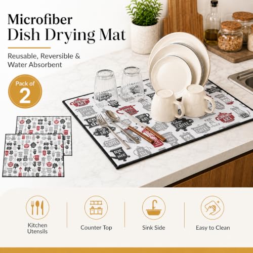 Image of Cutting EDGE Microfiber Dish Drying Mat - Water Absorbent & Reversible for Kitchen Utensils, Counter Top, Sink (Pack of 2, 50CM X 38CM - White)
