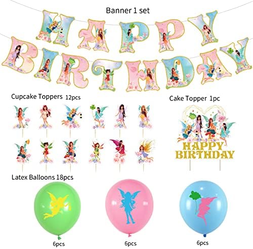 Fairy birthday party decoration supplies, fairy themed birthday party supplies include cupcake decoration, cake decoration, banners, balloons.