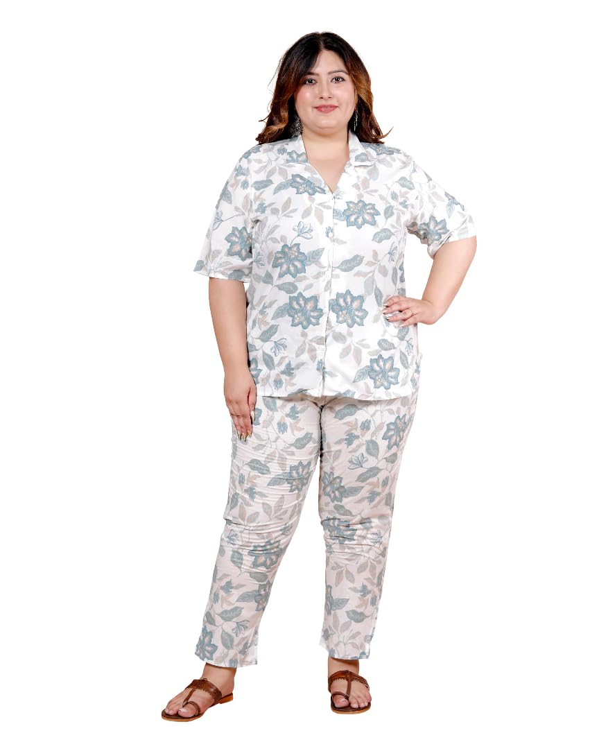 nishire Women's Plus Size Cotton Co-ord Floral Nightsuit Set, Short Sleeve Trendy Printed Loungewear Co-ord Set Shirt Style for Women-picture-23