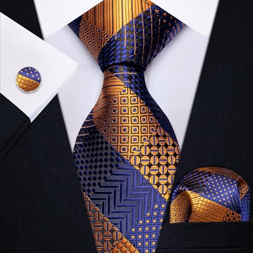 Image of YourTies Striped Plaid Ties for Men Silk Formal Necktie Set | 3.15 inch(8cm) Woven Jacquard Mens Ties with Necktie Pocket Square Cufflink Tie Clip Lapel Pin for Wedding Business Party