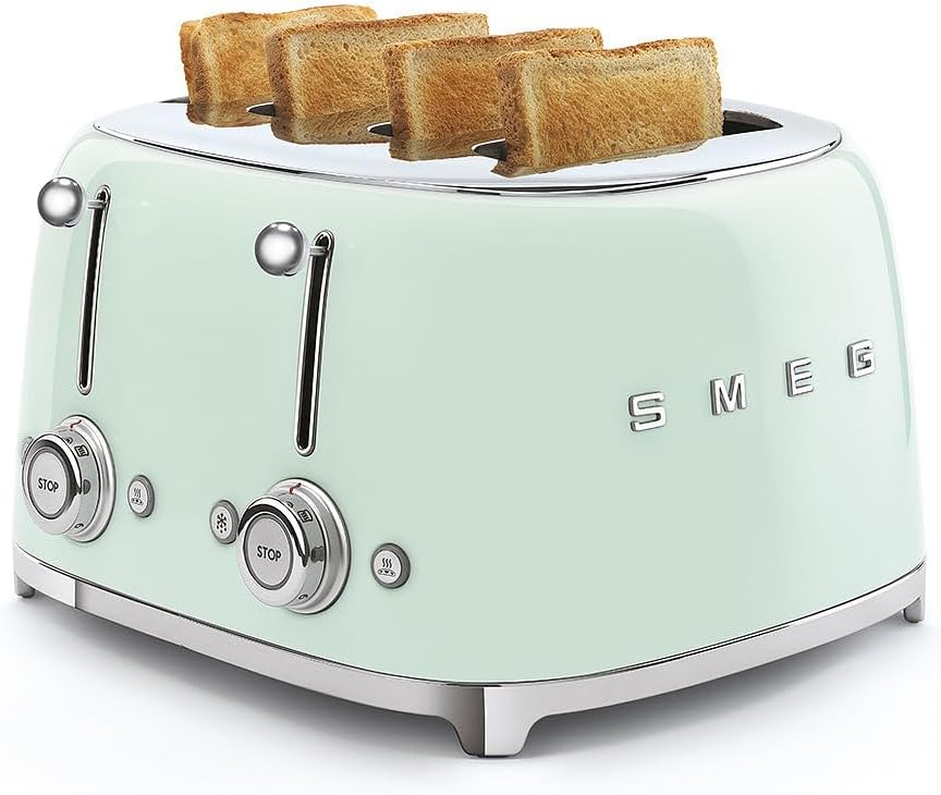SMEG 4 Slice Toaster TSF03, Retro Stainless-Steel Toaster with Wide Slots for Bagels, 6 Browning Levels, Defrost Reheat Bagel Functions, Dual Controls, Crumb Trays, 1800W - TSF03PGUS - Pastel Green