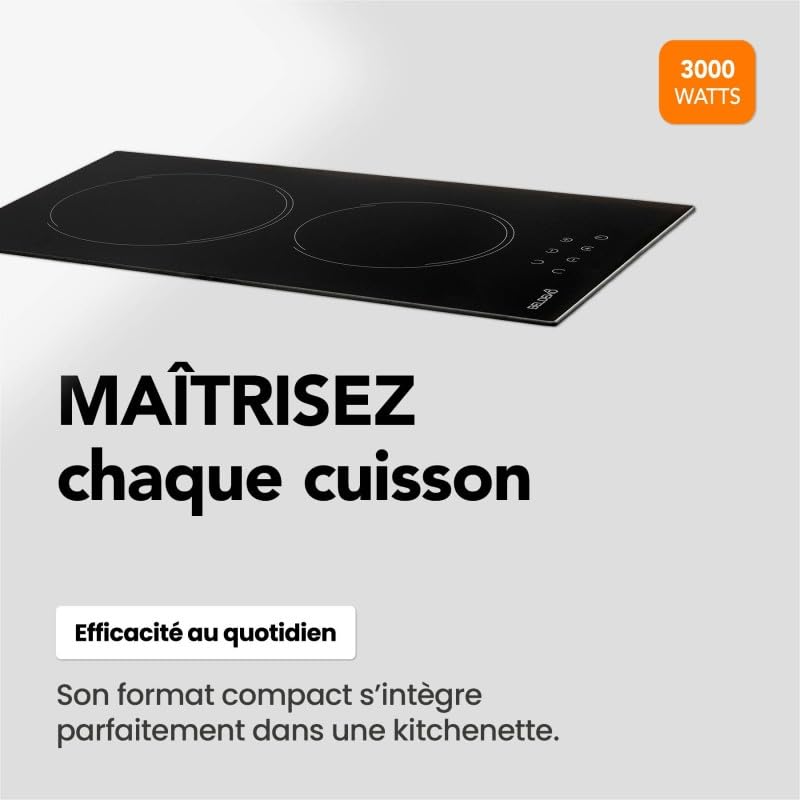 BELDEKO Plaque Vitrocéramique 2 Foyers Extra Plate Encastrable 3000W Commandes Tactiles Minuteur Sécurité Enfant