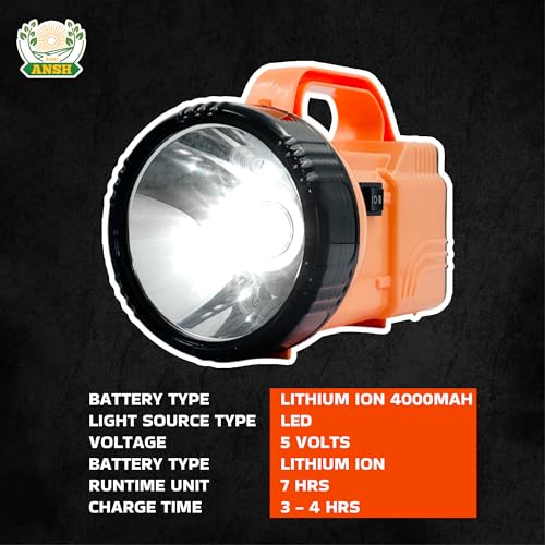 Image of AGRIANSH Rechargeable Kisan Torch - 5W Waterproof LED Light with 4000mAh Battery | Long Distance Beam Torch for Farmers, Field Use & Rural Areas