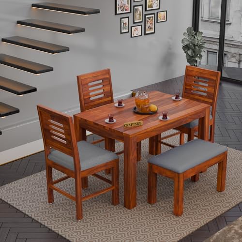 Image of 45 Inch Length Solid Sheesham Wood 4 Seater Dining Table Set | Four Seater Dinner Table with 3 Cushions Chairs & 1 Bench | Dinning Table Set 4 Seater for Living Room | Honey Finish