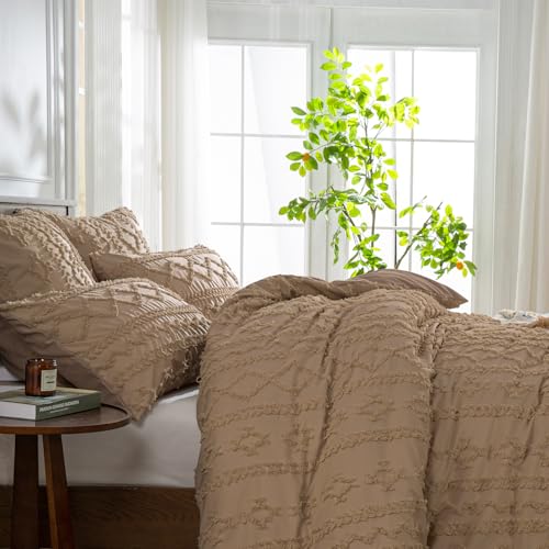 YASMENG Coffee Brown Boho Tufted Duvet Cover Set King Boho Geometric Chevron Stripe Jacquard Embroidery Bedding Farmhouse Shabby Chic Tufts Textured Duvet Cover Set King Size for All Seasons by YASMENG - Image 4