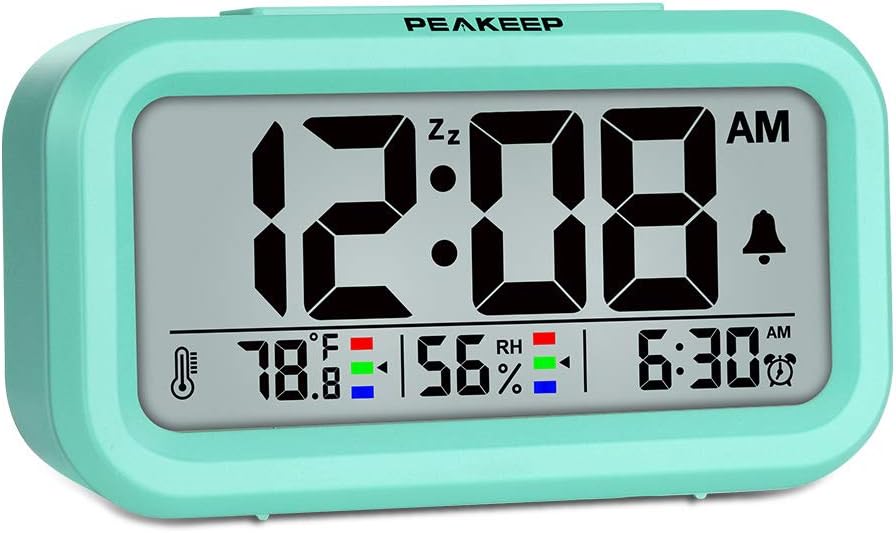 Peakeep Smart Night Light Digital Alarm Clock with Indoor Temperature, Battery