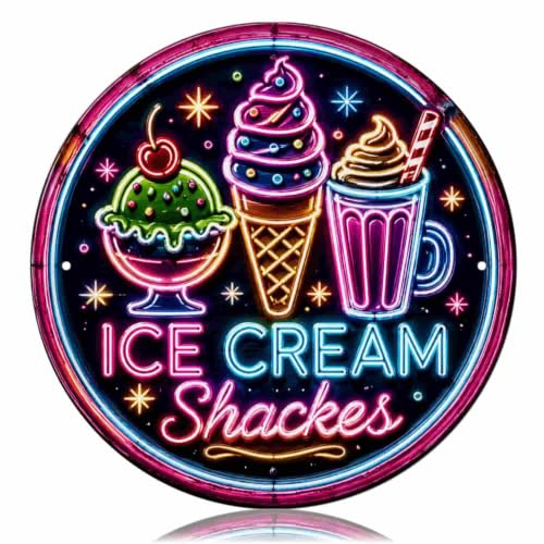 Retro Ice Cream Shack Neon Tin Sign Dessert Parlor Wall Decor (12X12 IN)