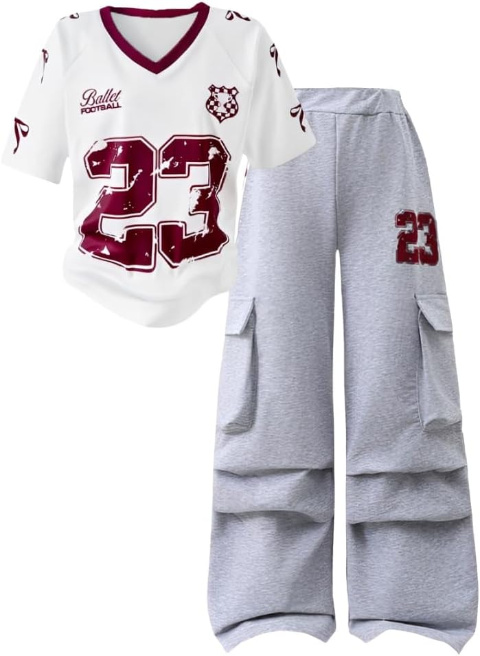 Tween Girls Clothes Short Sleeve Graphic T-Shirt Top + Cargo Pants 2pcs Outfit Set, Size 7-15Years