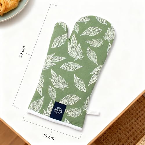 Image of Encasa XO Extra Long 18x35 cm Microwave Oven Gloves Mitts (2 pcs) for Kitchen Cooking - Big Leaf Green - Heat Resistant, Thick & Safe, Protection of Hands from Hot Utensils, Gas Flame, Grill, Barbecue
