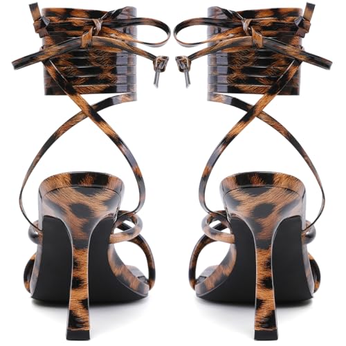 Image of Mostrin Womens Sandals Strappy Heels for Women Lace Up Square Open Toe Heels Tie Up High Heeled Sandals for Prom, Party, Daily Wear