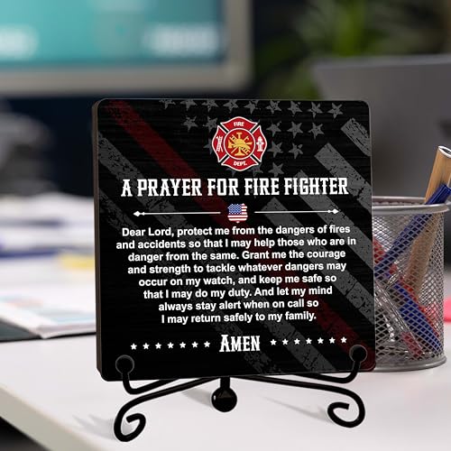 Gsauto Firefighter Graduation Gifts for Men Women, Fire Fighter Accessories Wooden Plaque with Iron Stand Office Desk Decor, Fireman Prayer Gift for Home - A01