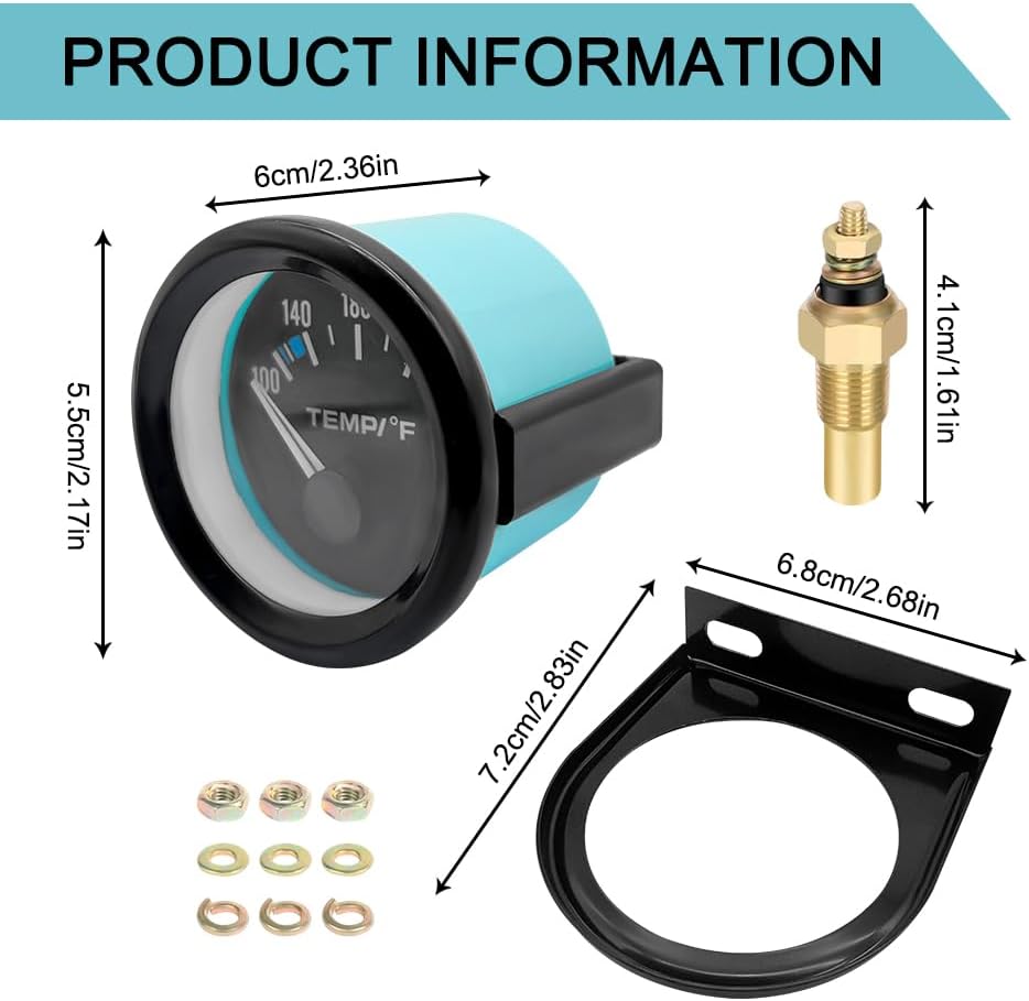 Water Temp Gauge, Coolant Temp Gauge, 100-250℉ 2" 52mm Vehicle Water Temperature Thermometer Meter Kit with Sensor, Auto Accessories Car Meter with LED Backlight Universal for Car Truck Vehicle