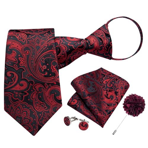Image of DiBanGu Mens Zipper Tie Silk Pre-Tied Necktie with Gift Box | Jacquard Woven,Paisley Solid Plaid Pattern,6PCS with Pocket Square,Cufflinks and Lapel Pin,for Wedding Party Formal Business