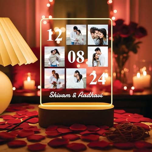Image of Giftplease Customized Acrylic LED Photo Plaque with Wooden Base | Personalized Anniversary & Valentine's Day Gift | 6-Photo Collage Night Light with Special Date & Names | Warm Glow Home Decor