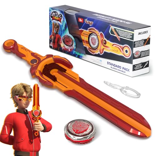 INFINITY NADO peonza metálica, con Lanzador de Espadas, peonza Luminosa, para niños y niñas a Partir de 5, 6, 7, 8, 9 y 10 años, Blazing War Bear, Rojo.