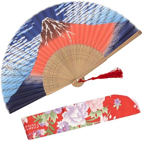 OMyTea "Landscape" Folding Hand Held Fan for Women - Chinese / Japanese Vintage Retro Style for Wedding, Dancing, Church, Party, Gifts - With a Fabric Sleeve for Protection (Kanagawa Sea Waves)