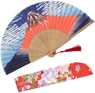 OMyTea "Landscape" Folding Hand Held Fan for Women - Chinese / Japanese Vintage Retro Style for Wedding, Dancing, Church, Party, Gifts - With a Fabric Sleeve for Protection (Kanagawa Sea Waves)