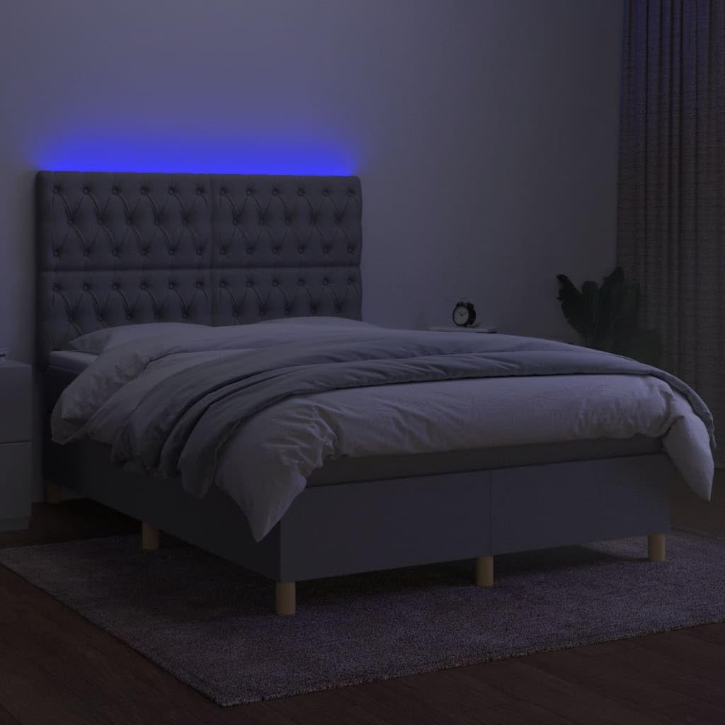 3135669 łóżko kontynentalne z materacem i materacem LED, łóżko tapicerowane, kolor jasnoszary, 140 x 190 cm