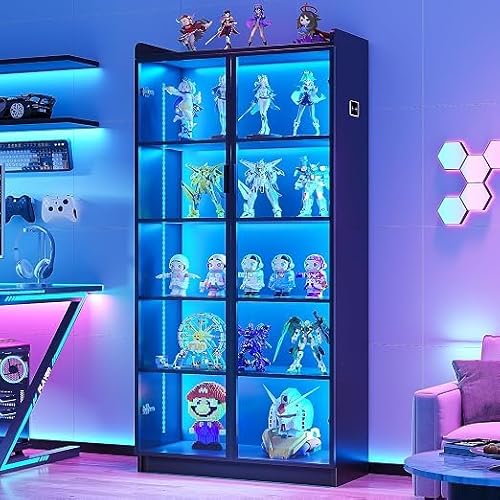 Gurexl 165 CM Vetrina Illuminata a LED,Vetrine Da Collezione con Ante In Acrilico E Ripiani Mobili,Vetrine a 5 Ripiani,Per Soggiorno,Ufficio,Cucina,Bar,Studio,Libri Da Collezione,Vino,Nero