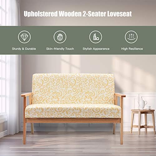 COSTWAY 2-Seater Sofa Chair, Fabric Upholstered Loveseat Couch Lounge Chair with Rubber Wood Armrests, Accent Armchair Guest Sofa Settee for Living Room, Bedroom and Office (Yellow Floral Pattern)