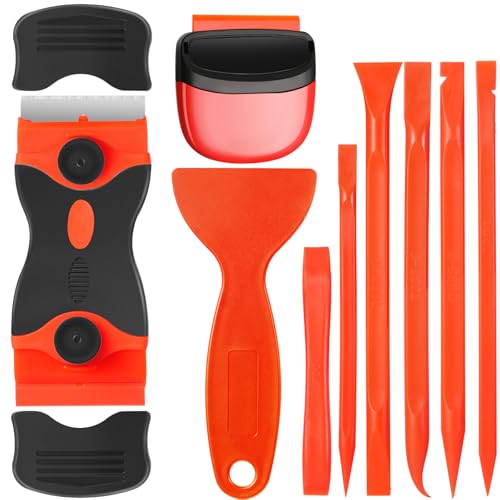 Image of Tallew 9 Pcs Plastic Scraper Set Paint Tool Non Scratch Putty, Orange | Razor Blade Scrapers for Label Sticker Removal, Safe on Wood Floors Windows, Multi-size Tools for Paint Stripping Work
