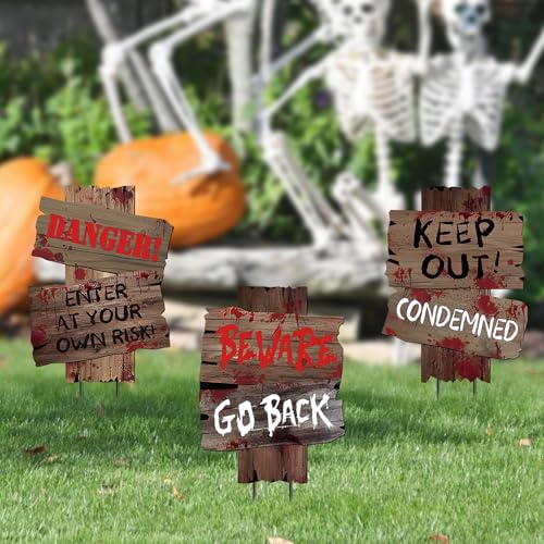 DECEED 3 PCS Beware Signs Yard Stakes Halloween Outdoor Decorations Warning Sign, Halloween Yard Signs, Scary Lawn Decor Zombie Theme Party Supplies