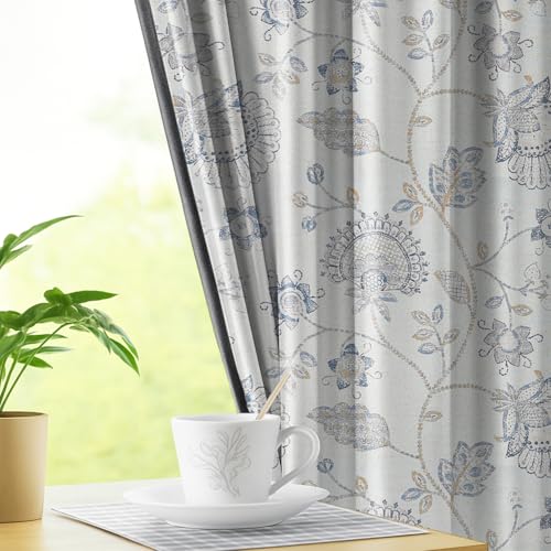 Image of LINENWALAS Printed Blackout Curtains for 7 Feet Door | Set of 2 | Printed Drapes | Thermal Insulated, Room Darkening Panels with Grommet Hanging for Living Room (Slate Blue Garden)