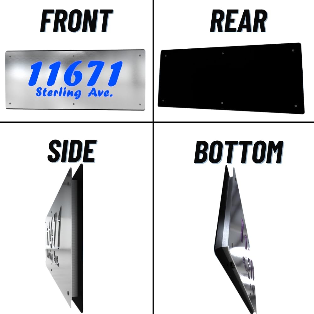 Modern Metal Address Sign - Optional LED Backlighting - Colorful Address Number Options - Customizable 8.5H" x 20.5W" Horizontal Sign Display - Supports Address with Street Name and Up to 5 Digits - Colorful Address Plaques - House Numbers and Street Name - Aluminum or Stainless-Steel Address Marker