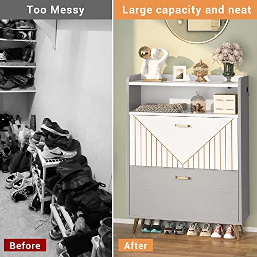 Aheaplus Shoe Cabinet With Flip Doors, Shoes Storage Organizer With Motion Sensor Led Light, Entryway Wood Freestanding Tipping Bucket Shoe Rack With Open Shelves For Closet,Living Room, Grey&White #TOP6