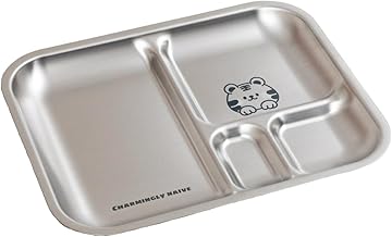 Basil Stainless Steel Plate for Kids - Kids Plates for Food with 3 Compartments - Dinner Plates for Baby - Unbreakable Dinner Plates - Ideal for Birthday, Return Gifting - Bento Tiger Plate
