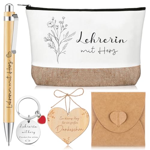 Xuniea 6 Stück Dankesgeschenk für Lehrerin Kosmetiktasche Schlüsselanhänger Kugelschreiber Dankeschön Abschiedsgeschenk für Erzieherin Geburtstage Lehrertag Abschluss