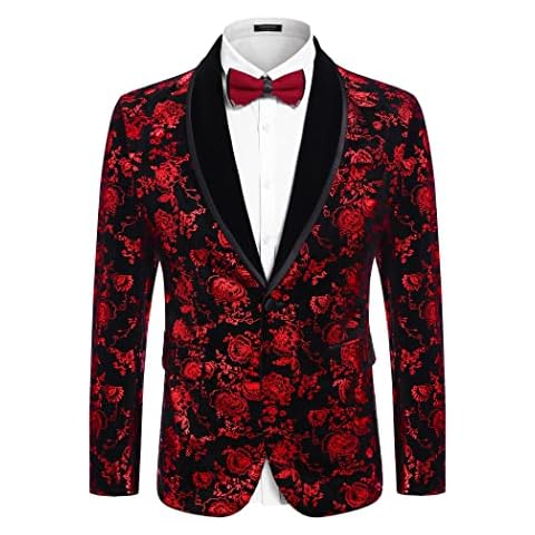 COOFANDY Herren-Smokingjacke mit Blumenmuster, Schal, Revers, Ein-Knopf-Samt-Anzug, Jacke, Abendessen, Abschlussball, Party, Hochzeit, Blazer, Rot/Ausflug, einfarbig (Getaway Solids), XS Cover