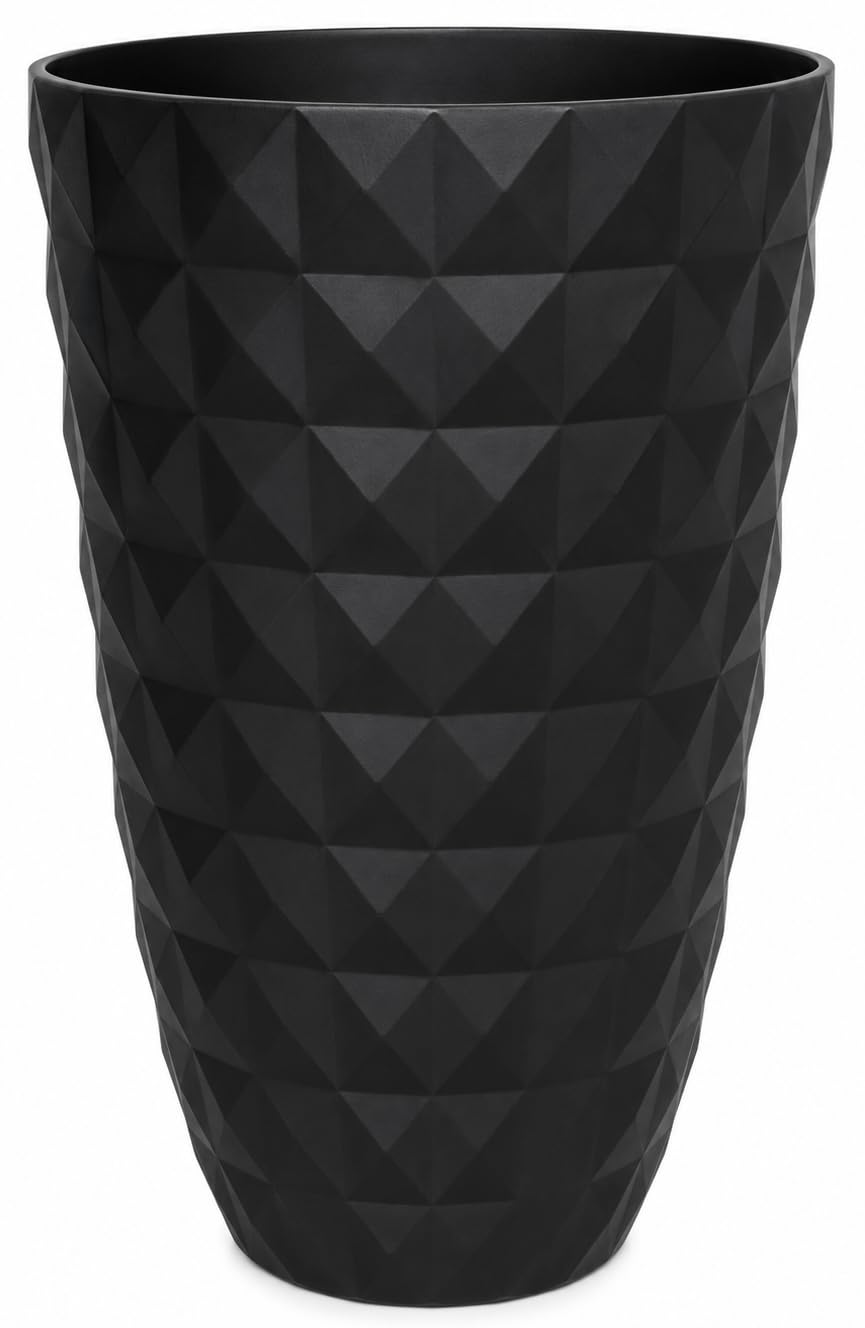 Majestic Large Tall Geometric Planter – Modern Decorative Indoor Outdoor Plastic Plant Pot for Houseplants, Trees & Plants – Heavy Duty Frost & UV Resistant Flower Pot (Black, Single - 31 Litre)