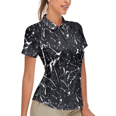 Soneven Poloshirt Damen Schwarz Kurzarm Atmungsaktiv Slim Fit Polo UPF 50+ 1/4 Reißverschluss für Golf Outdoor Sport Sommer Tennis(schwarzer Druck, L) Cover
