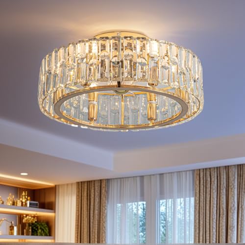 Image of Siljoy Modern Gold Caged Crystal Ceiling Fan with Light and Remote 20 Inch