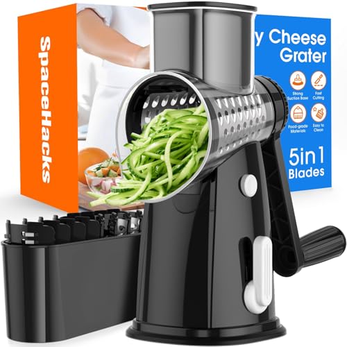 SpaceHacks Rotary Cheese Grater Hand Crank, with 5 Blades for Chopper Shredder Spiralizer Slicer for Vegetable Cheese Fruit, Food Chopper for Kitchen with Blades Storage Box & Suction Base (Black)