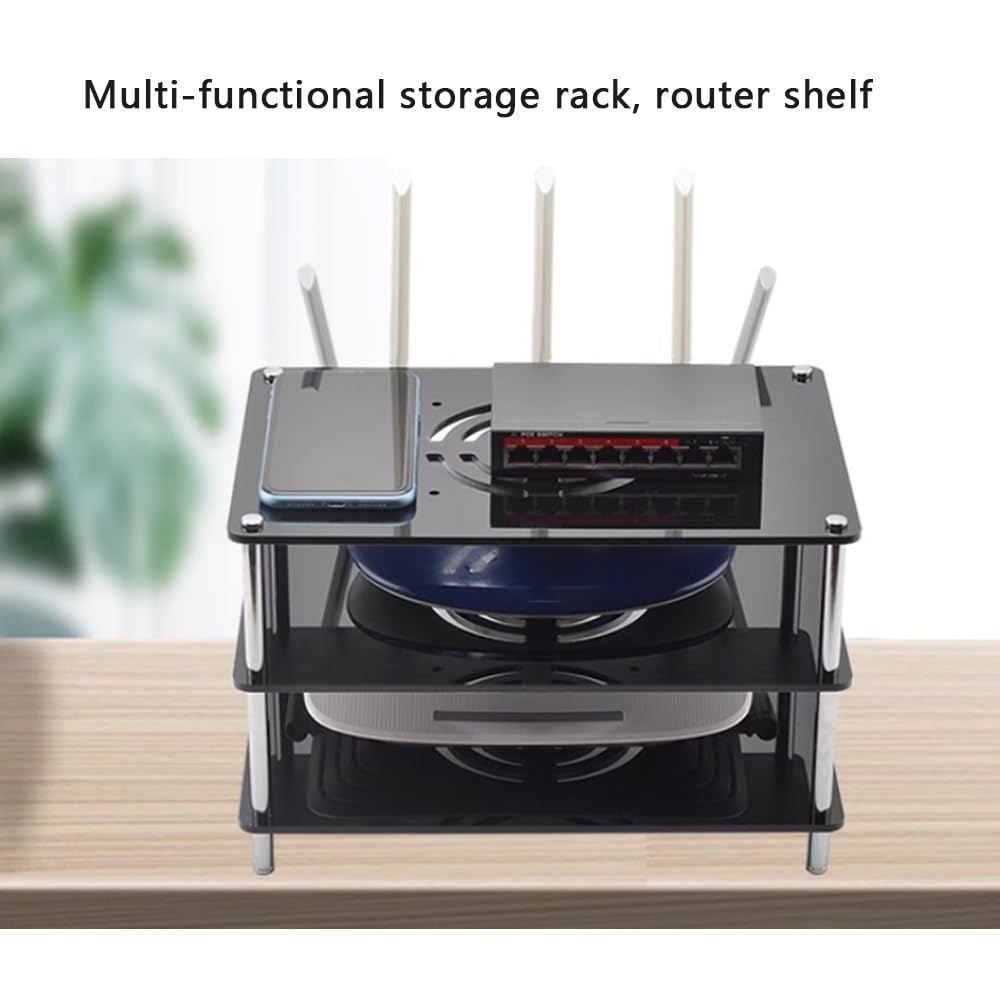 Supporto per router WiFi in acrilico, supporto per supporti AV da scrivania, supporto per componenti DVD a 1, 2, 3 e 4 strati, per router, modem, decoder via cavo, decoder TV (nero, 1 livello)